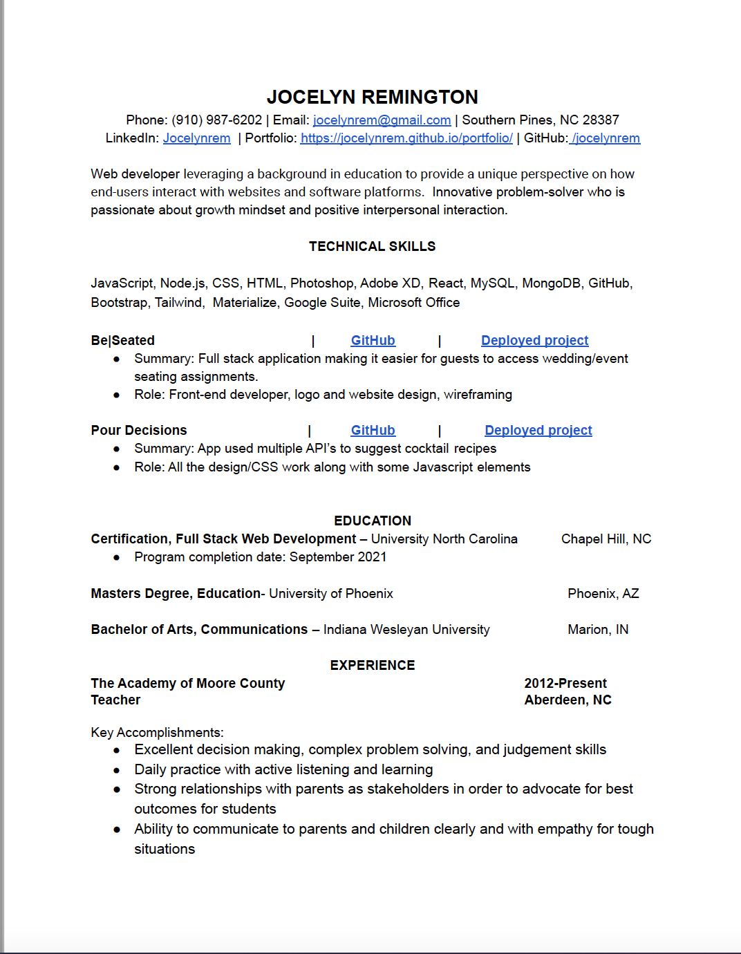 Preview of Jocelyn Remington's resume. Opens the full resume in Google Docs.